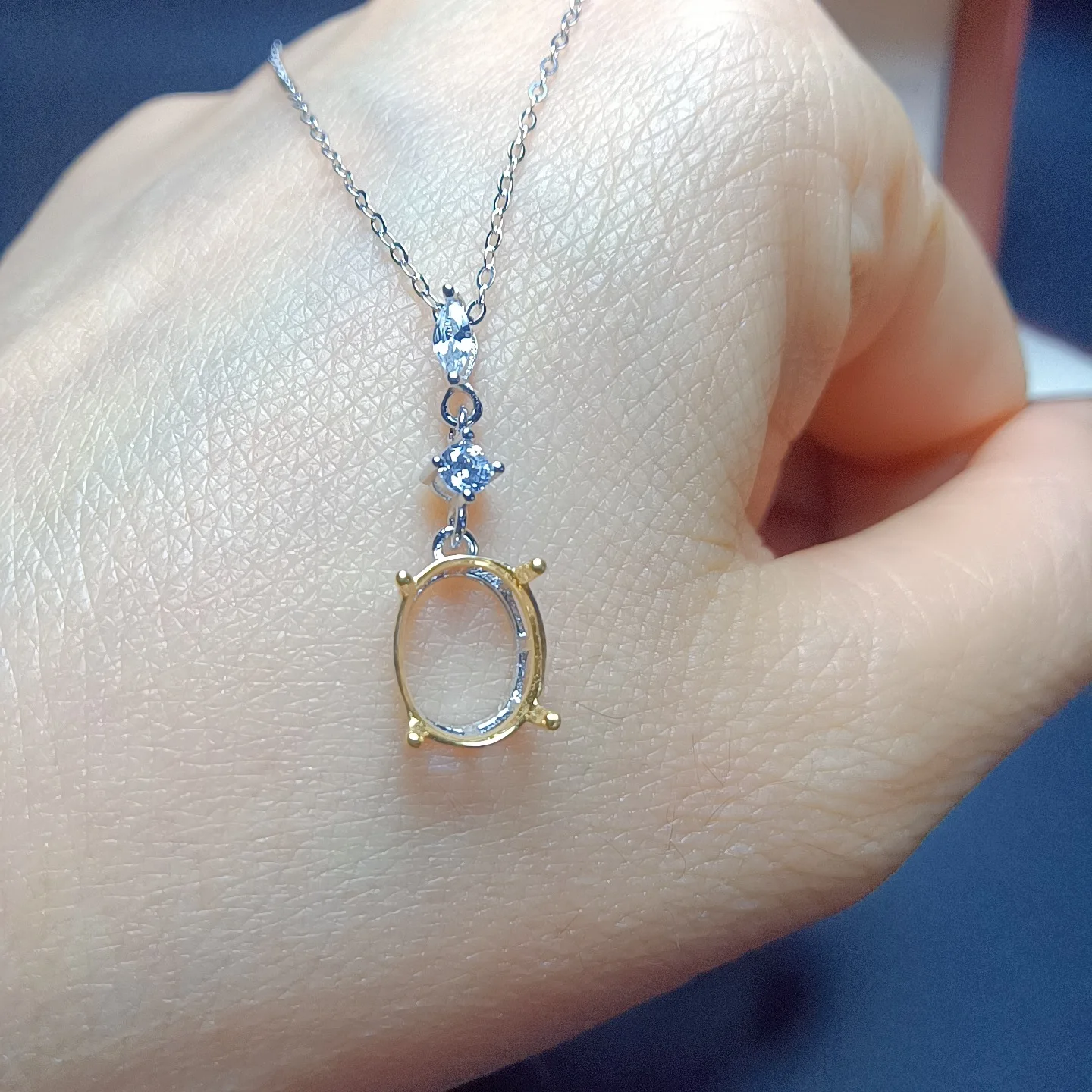 S925 silver pendant with oval shape, 8 * 10mm silver tray plated with 18K white gold, rose gold, and 3 colors for women