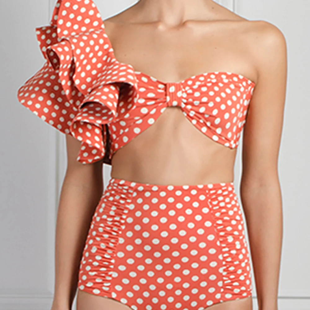 Ruffled Polka-Dot Print Bikini Orange Tankini Women Swimming Suits Swimwear Patchwork High Waist Bikini Summer Beach