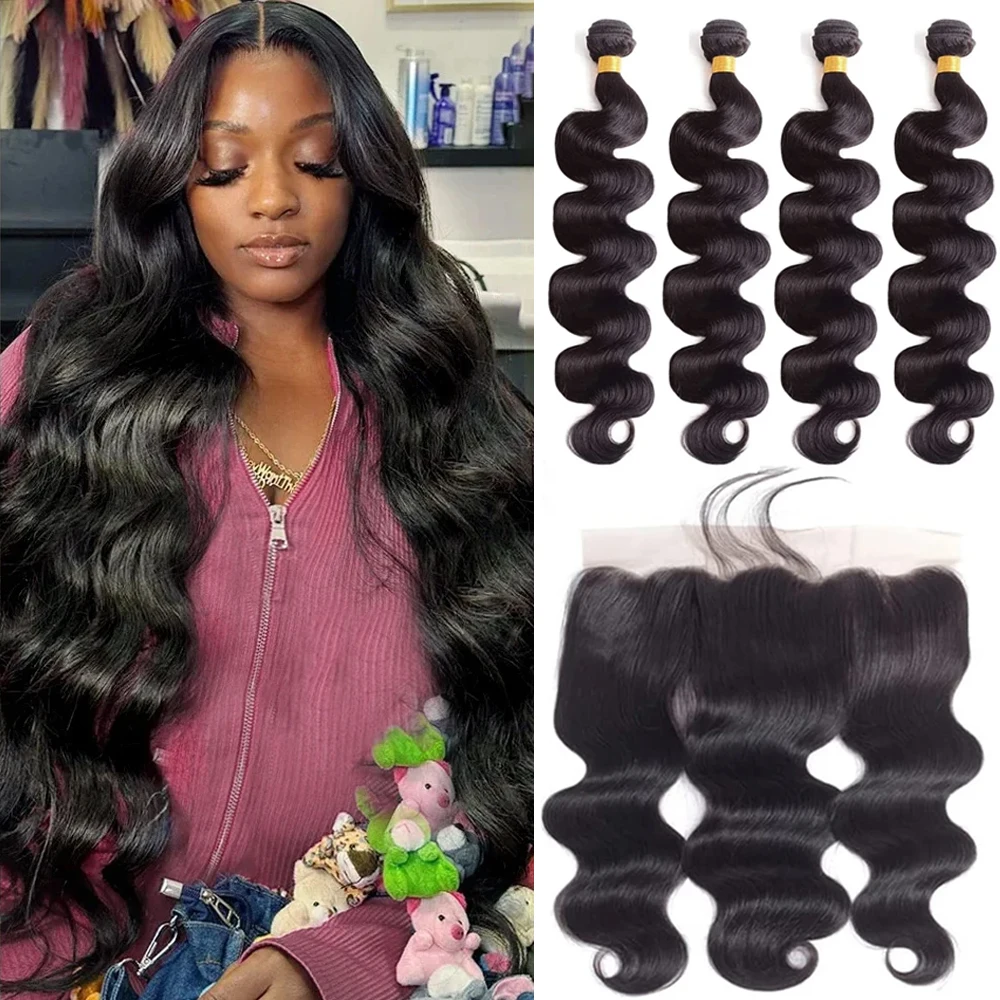 

Human Hair Bundles With 13x4 Frontal Body Wave 100% Unprocessed Brazilian Virgin Hair Weave 3 Bundles Real Human Hair 30 32inch