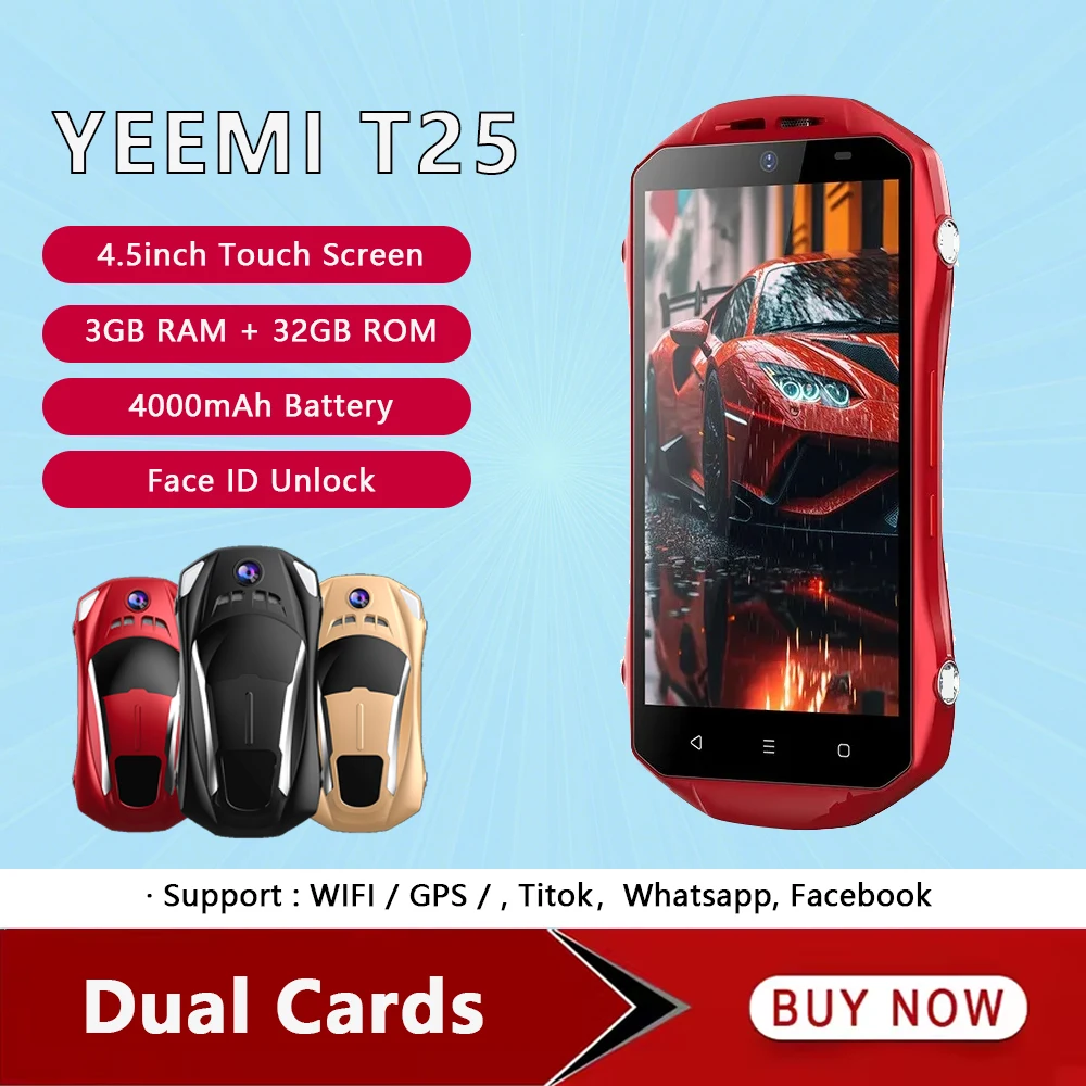 YEEMI T25 Sports Car Smartphone Android 8.1 Dual SIM Standby 3GB+32GB Mobile Phones 4000mAh 4.5 Inch 4G Mini Cellphone Whatsapp