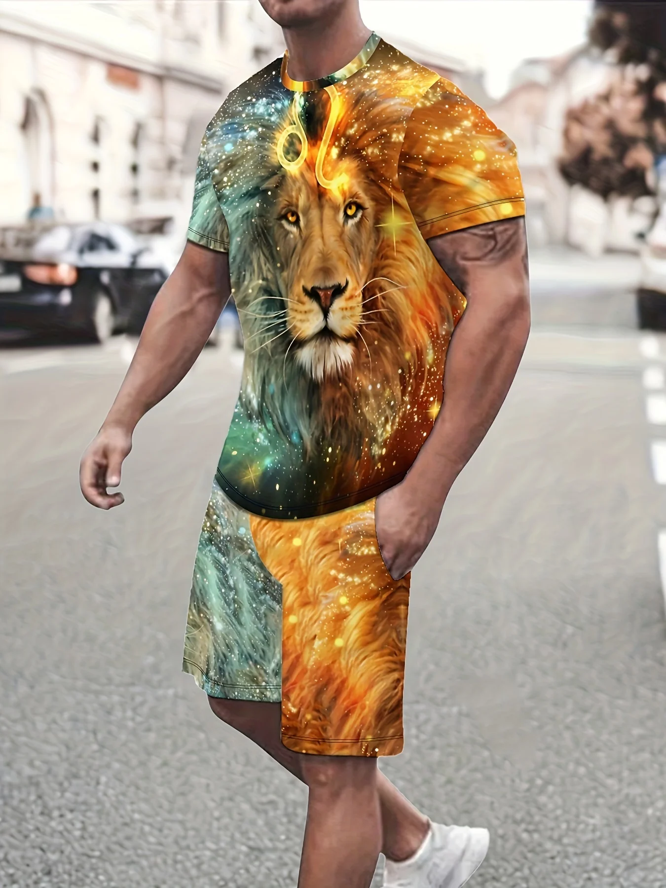 Domineering Lion Print Short-Sleeved Shorts Two-Piece Set Casual Men\'s Fashion Short-Sleeved Shorts Sportswear Clothing