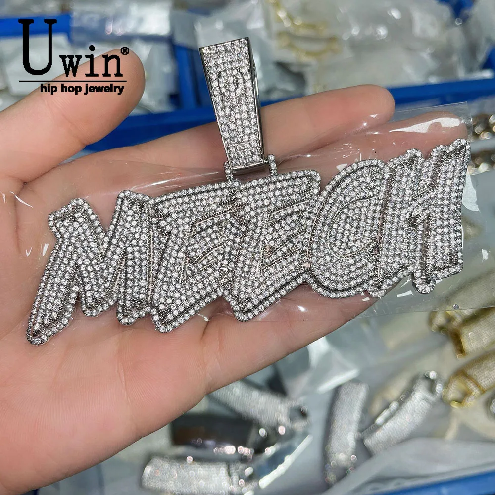 

Uwin Glitch Letters Custom Brush Script Initial Letter Pendant Name Necklace 3 Rows Bling Iced Out CZ Nameplate Hiphop Jewelry