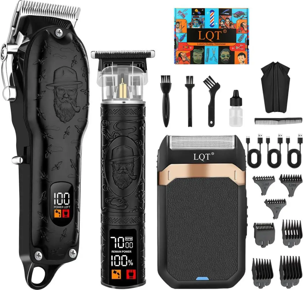 LQT 3 in 1 Carbon Fiber Hair Clipper Set Cordless Trimmer Foil Shaver LED USB Rechargeable Men Barber Grooming Kit with Combs