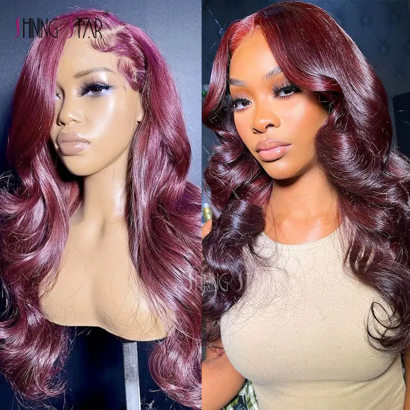 99J Burgundy 13X6 Lace Front Human Hair Wig Body Wave Colored Red Hair Wigs For Black Women 13X4 Hd Lace Frontal Wigs 34 Inch