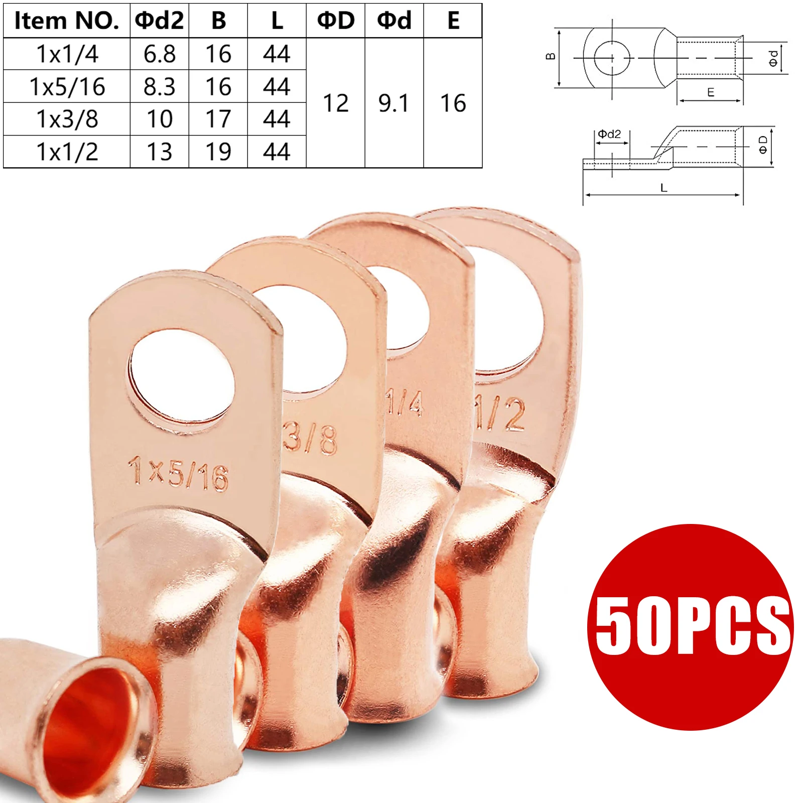 GIE.TOP 50PCS Gauge Battery Cable Copper Tubular Ring Terminals Crimp Wire Heavy Duty R Lugs 1 AWG 1/4