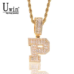 Uwin Initial Letter Pendant Iced Out Baguette Cubic Zirconia Name Necklace With Tennis Chain Fashion Hip Hop Jewelry For Women