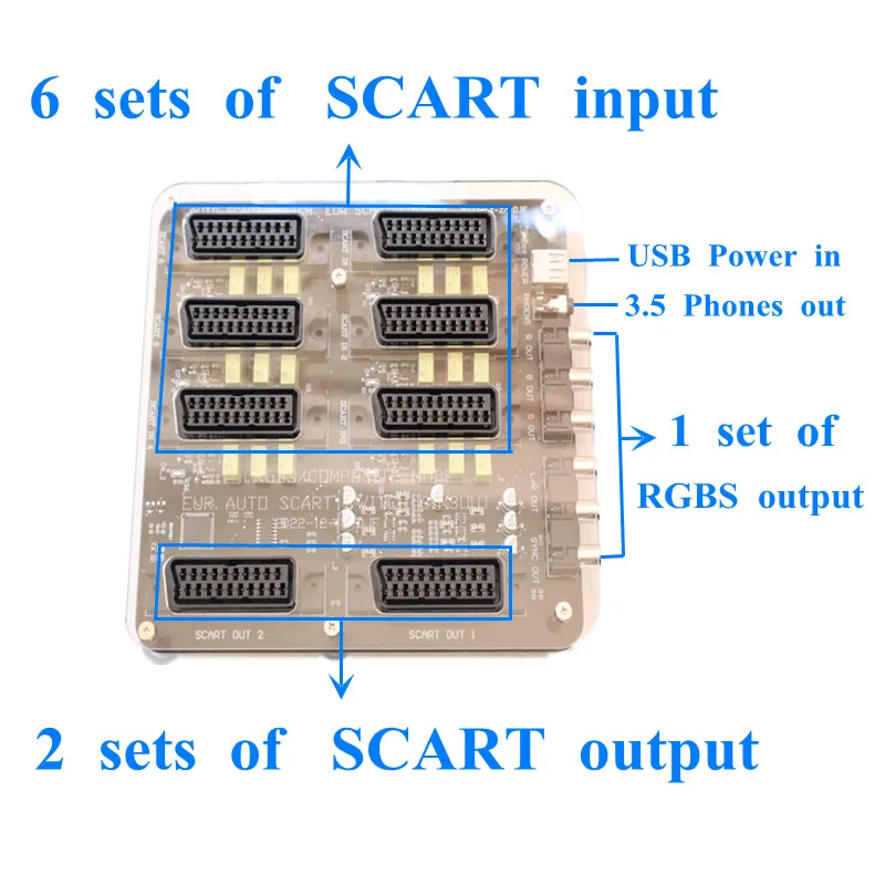 Distributore Scart EUR 6 input 3 output RGBS scheda divisore Switcher convertitore Video completamente automatico per md/sfc/ps123/dc/ss/box