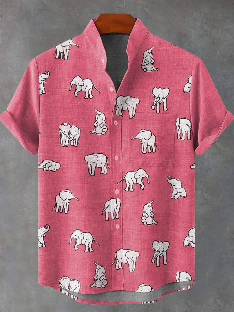 Nieuw herenoverhemd met olifantenpatroon, nieuw linnen, comfortabele stof, korte mouwen Hawaiiaans overhemd, snelle levering
