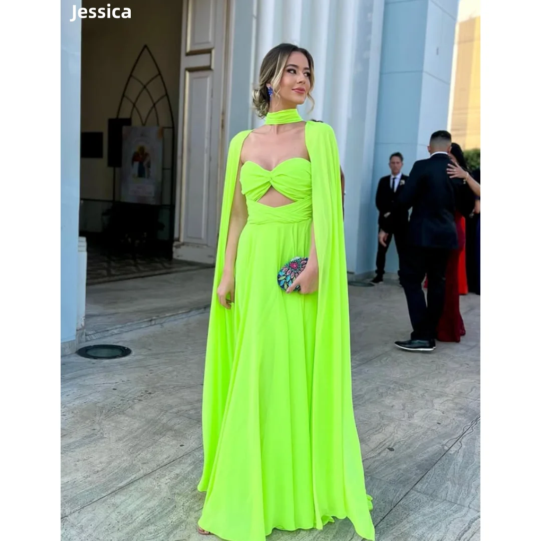 

Jessica Waist Hollow Evening Dresses Green Chiffon Shawl Prom Dresses Elegant Ladies A-line Vestidos De Fiesta Customized