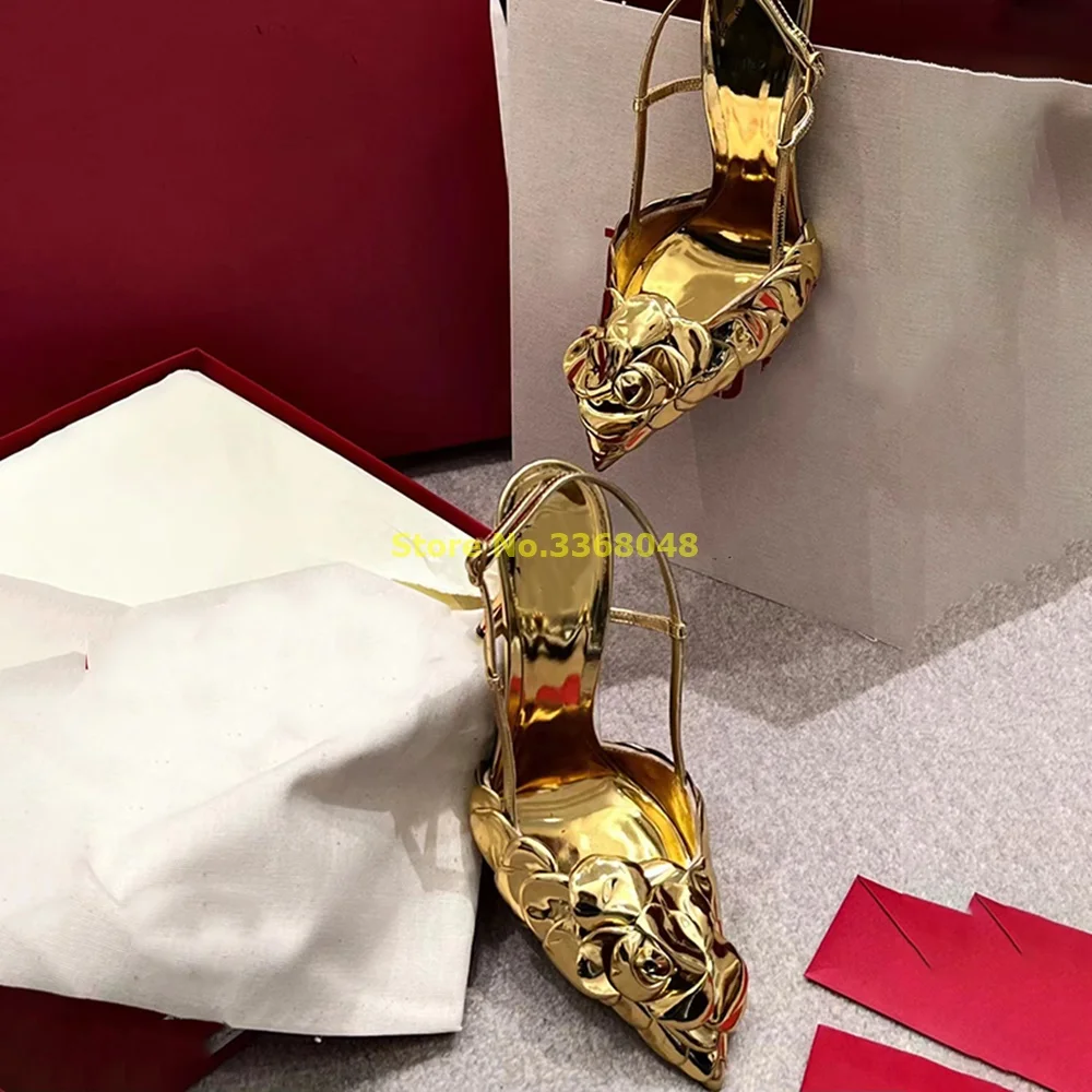 2024 Summer Gold Pumps Flower Back Strap Sexy Pointy Toe Stiletto Thin High Heel Fashion Women Shoes High Heel Pumps