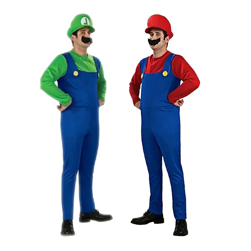 Vermomde heren Luigi luxe volwassen kleding super broer kleding rollenspel fancy dress set heren en dames hoeden en baard - afbeelding 2