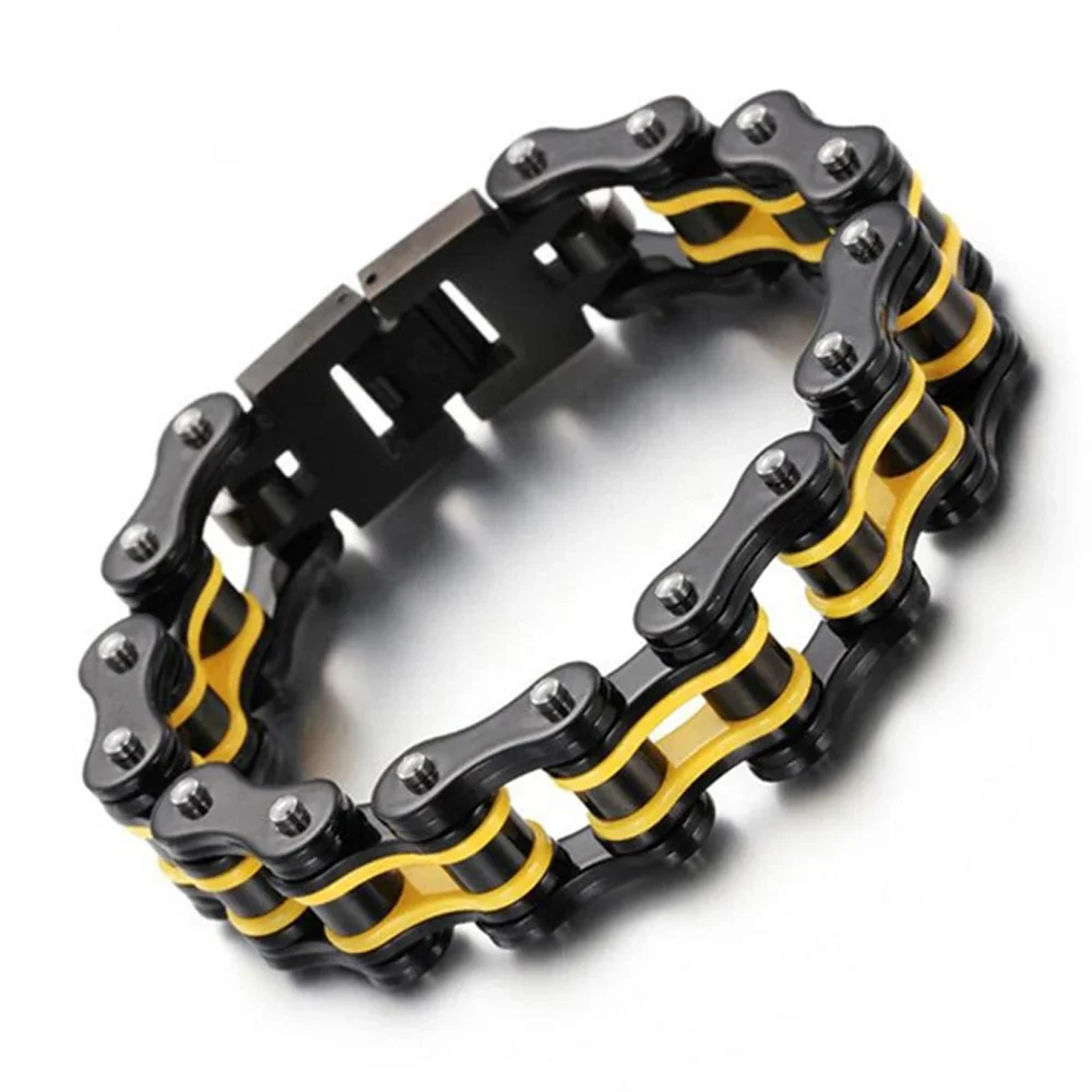 AliExpress Qiaonitu 16mm Punk Yellow Motor Bike Motorcycle Chain Bracelet Bangle Men Women Black Stainless Steel Biker Bicycle Wristband Jewelry