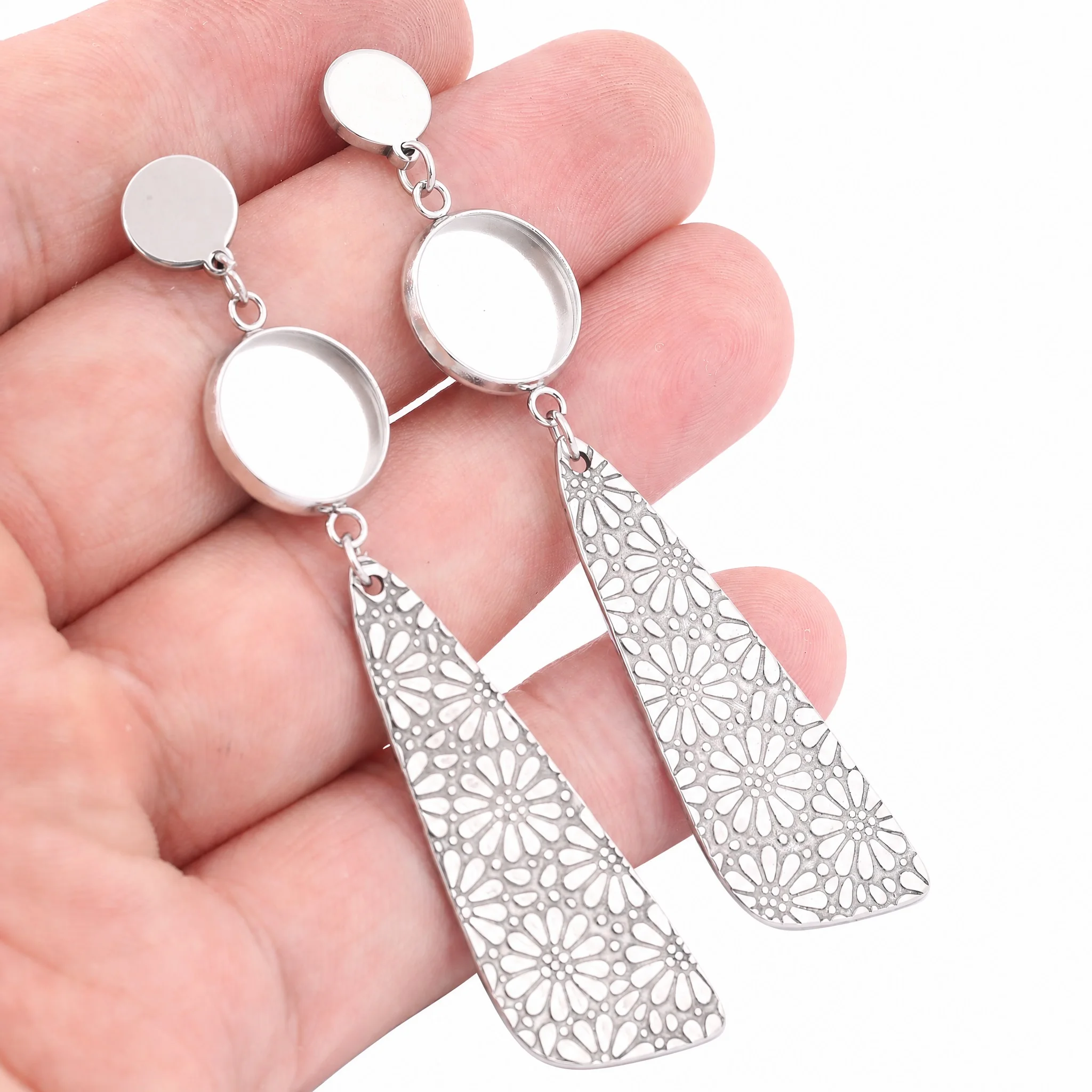 6pcs Stainless Steel Fit 12mm Cabochon Earring Base Setting Blanks With Floral Print Charm Diy Post Earrings Findings