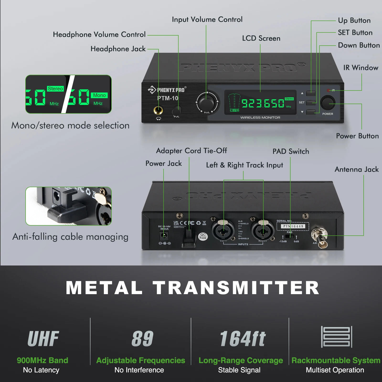 Phenyx Pro In Ear Monitor Wireless System UHF Stereo Audio Transmitter and Bodypack Receiver 900MHz/500MHz Metal PTM-10