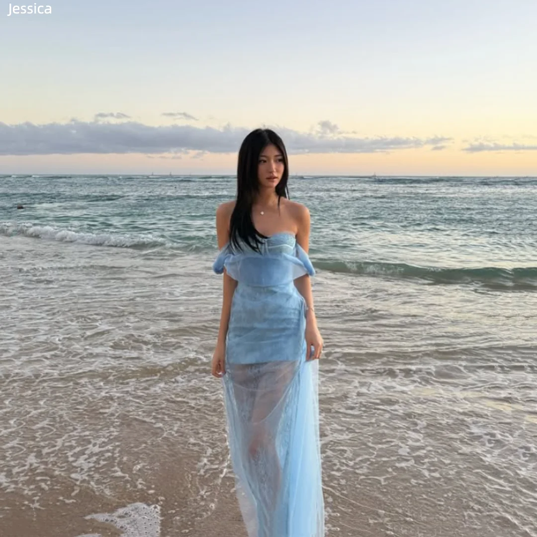 Jessica princesse bleu robes De soirée tissu transparent robes De bal hors épaule femmes occasion formelles robes De soirée robes De Gala