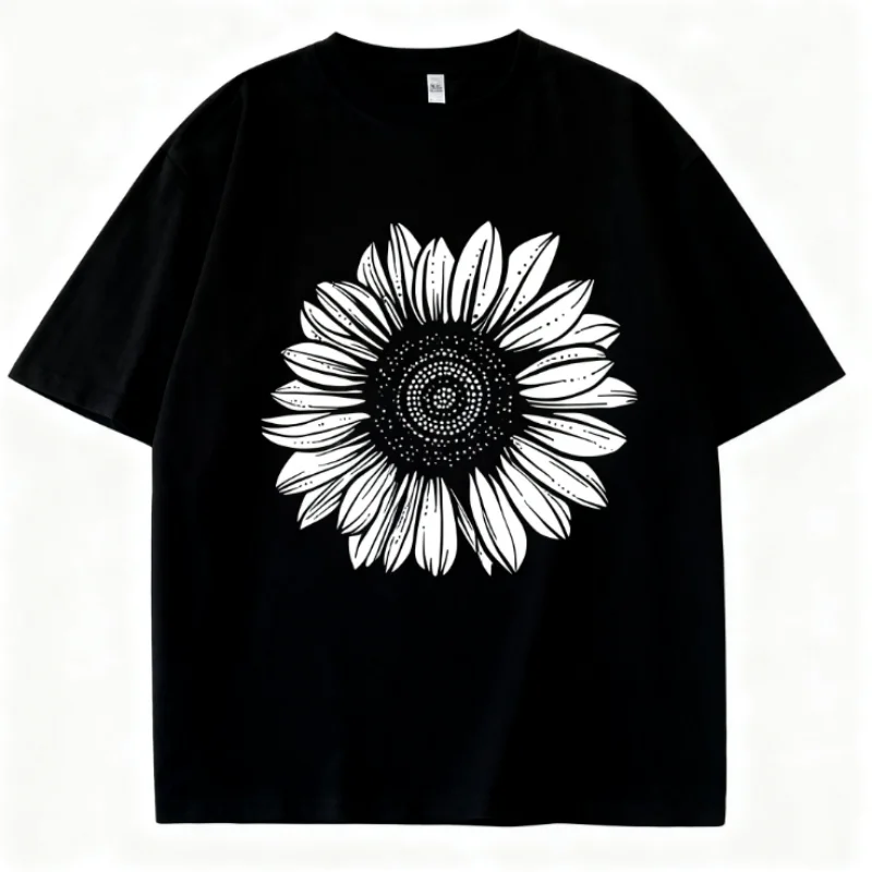 เสื้อยืดโอเวอร์ไซส์ลายดอกไม้สีดำขาว แขนสั้น ผ้าฝ้าย 100% สำหรับผู้หญิง เสื้อคอตตอนแขนสั้นสำหรับฤดูหนาว