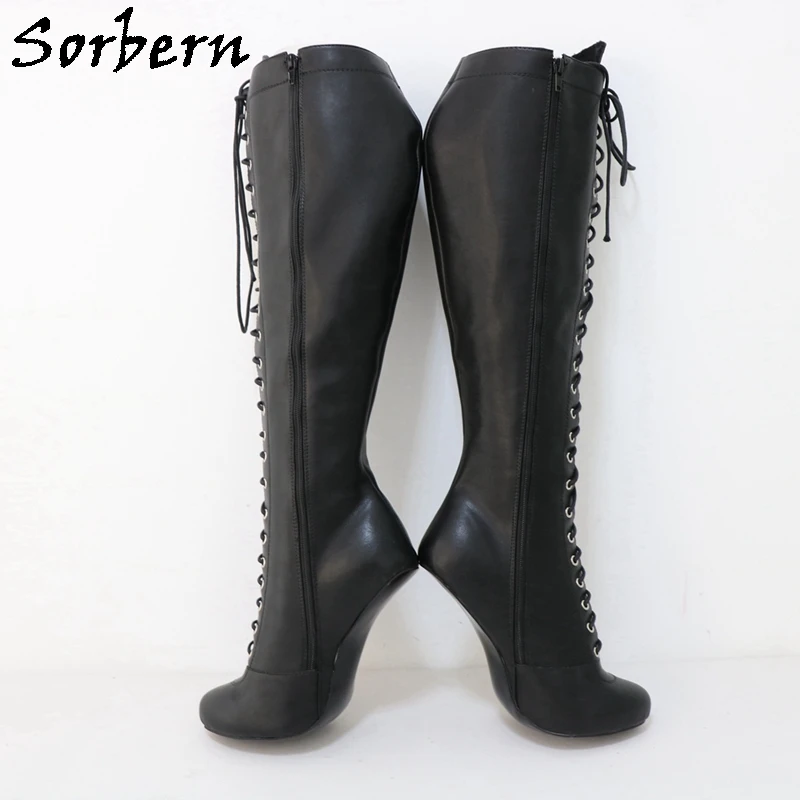 Sorbern Da Thật Heelless Vintage Mũi Tròn Giày Burlesque Đầu Gối Cao Cao Vòm Giày Rộng Chân Cột Dây Đen Mờ Khởi Động