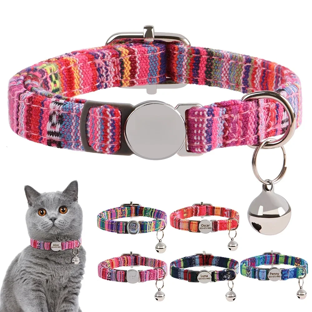 Collier de sécurité réglable personnalisé pour chat et chien, plaque d'identification gravée, cloche anti-perte, colliers pour chaton, chiot, sans structure