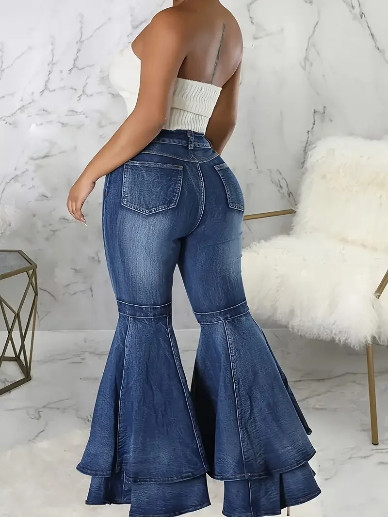 Women's High Waist Elastic Retro Flared Pants - Long Denim Flared Trouser Jeans for Classic 70s Style - 2025 Fashion Stretch Bel