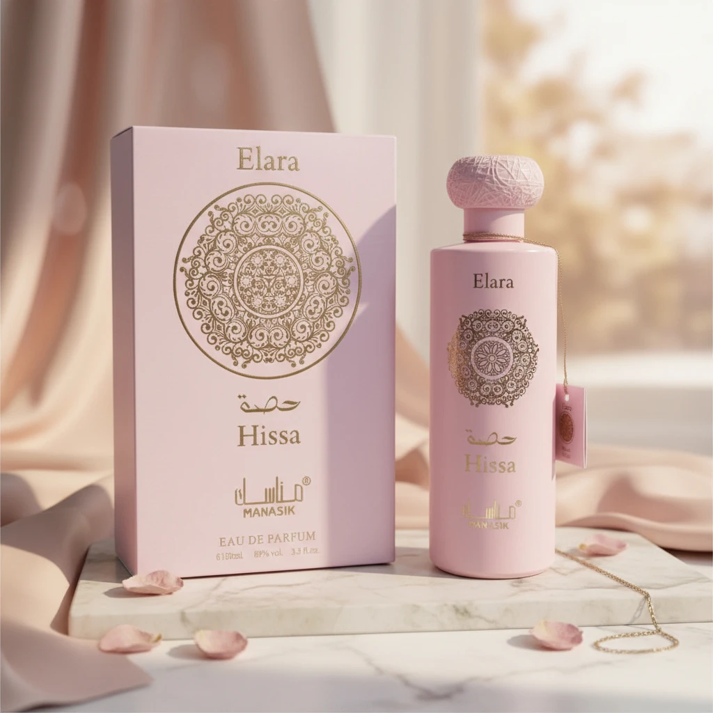 Image of Parfüm Elara Hissa 100 ml - Manasik. Weicher und süßer orientalischer Blumenduft mit zarten Noten von Rose, Vanille, Zeder und einer umhüllenden Basis aus Moschus.