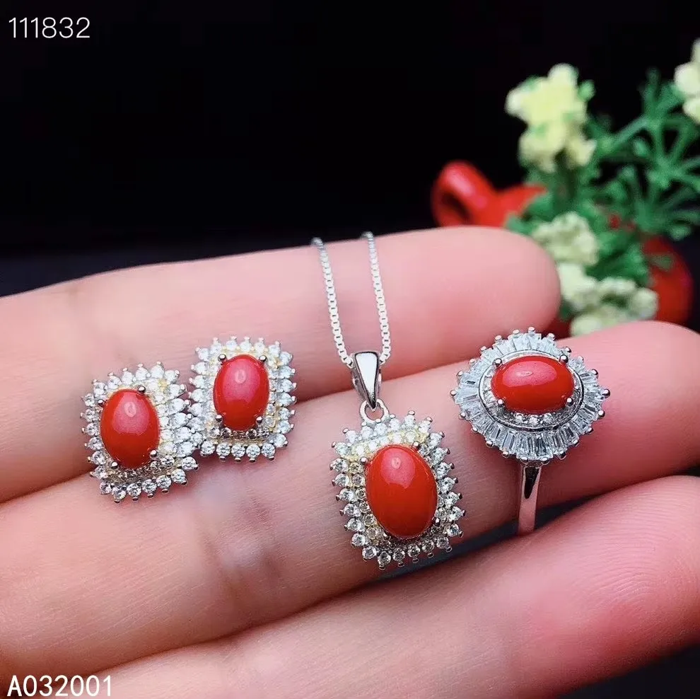 KJJEAXCMY Jewelry Girls' Natural Square Red Coral Gemstone Necklace Pendant Ring Earring Set 925 Pure Silver Plated Platinum view 6
