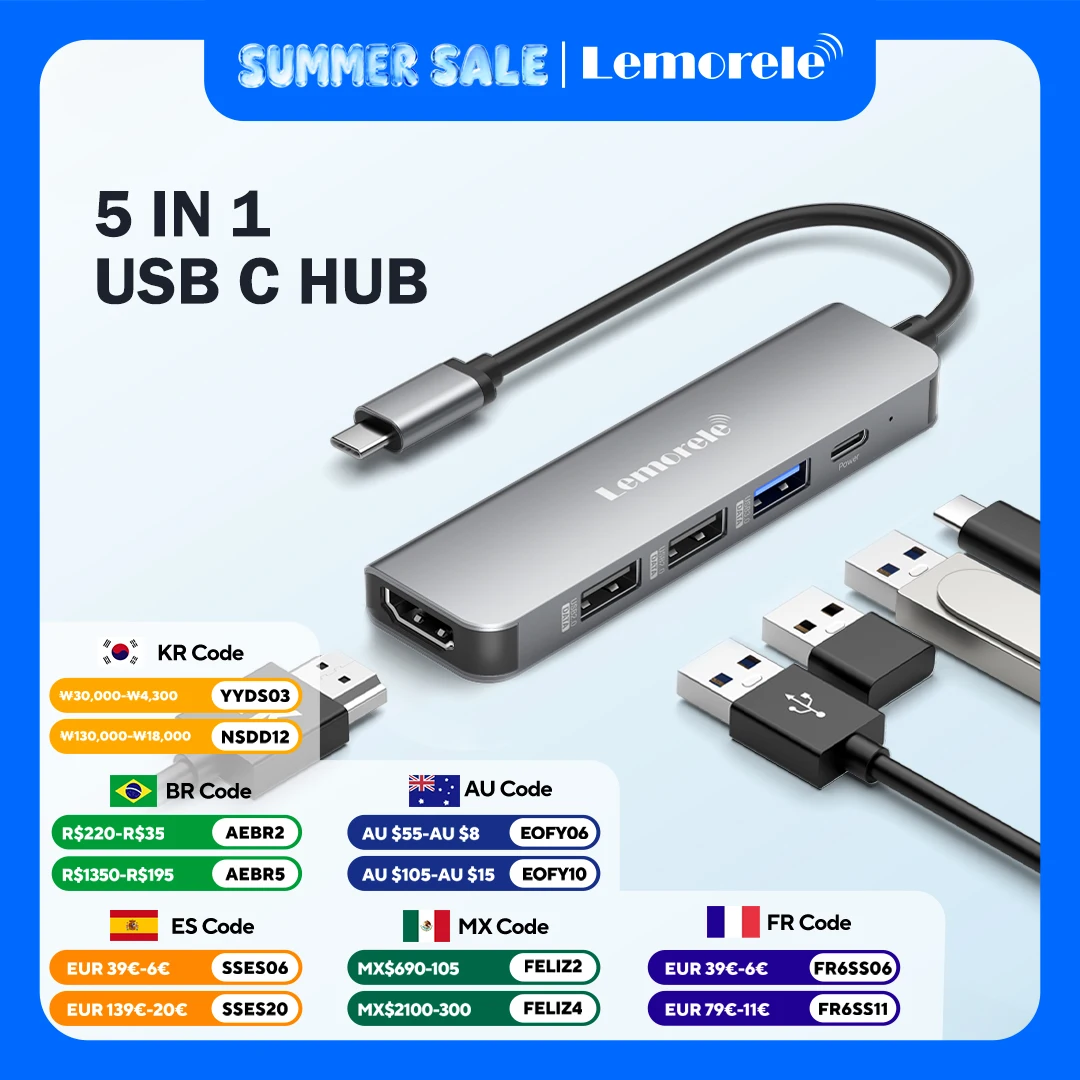 Lemorele-Station d'accueil USB 3.0 airies Type C, 5ports, 4K, 30Hz, compatible HDMI, adaptateur USB 3.0 pour Macbook Air Dallas iPad