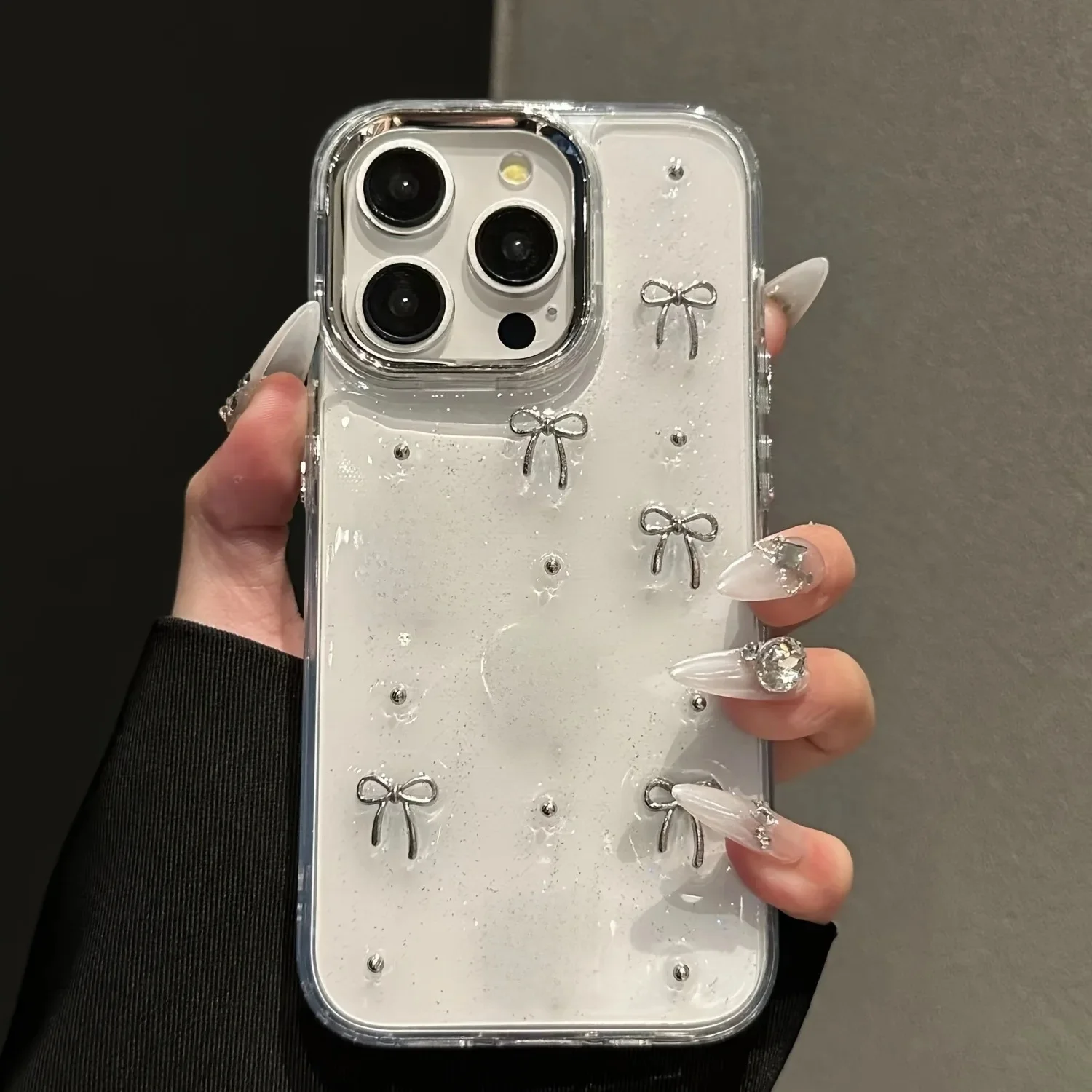 INS Glitter 3D argent arc perle étui pour Samsung Galaxy S25 S24 Ultra S23 S22 Plus S24 FE A14 A15 A35 A55 A34 époxy couverture transparente