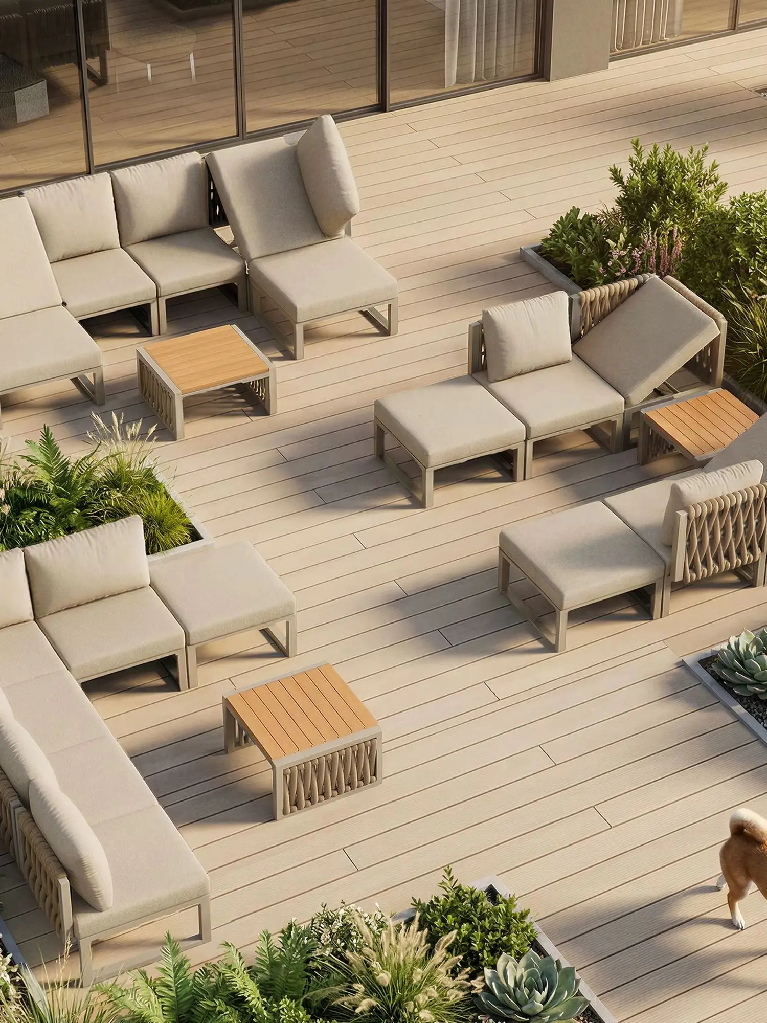 Tuinmeubelset met premium kussens, loungestoelen voor 6 personen, dubbele ligstoel voor buiten, verstelbare rugleuninghoek, beige - afbeelding 2