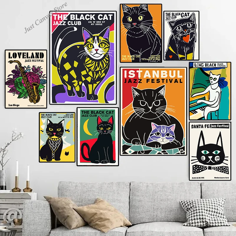 

Retro Central Park Jazz Festival The Black Cat Jazz Club Print Poster Canvas Painting Vintage Cute Animal Wall Art Home Decor