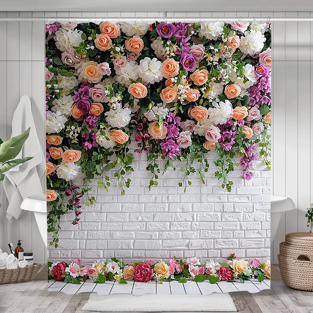 1 pc colored rose patterned polyester material shower curtain waterproof fabric, thickened anti mold partition curtain, bath