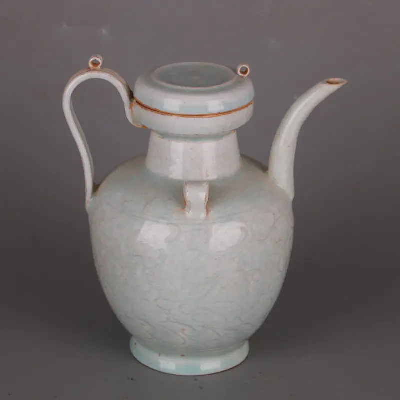 Song Hutian Ware Style Double Loop Long Spout Teapot Porcelain Handmade Carved Antique Reproduction Home Decor Collectible