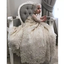 Vestido de bautizo de lujo para niños pequeños, vestido de primera comunión con perlas de encaje de manga larga, vestidos de bautismo para niños pequeños