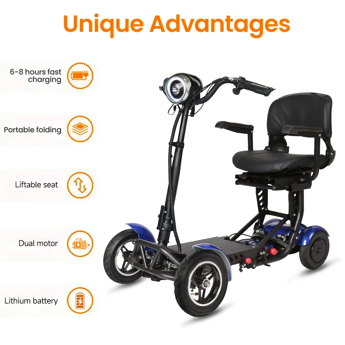 Scooter électrique de mobilité à 4 roues, double moteur 500W, batterie au Lithium 36V 18Ah, léger et pliable, longue portée 50km