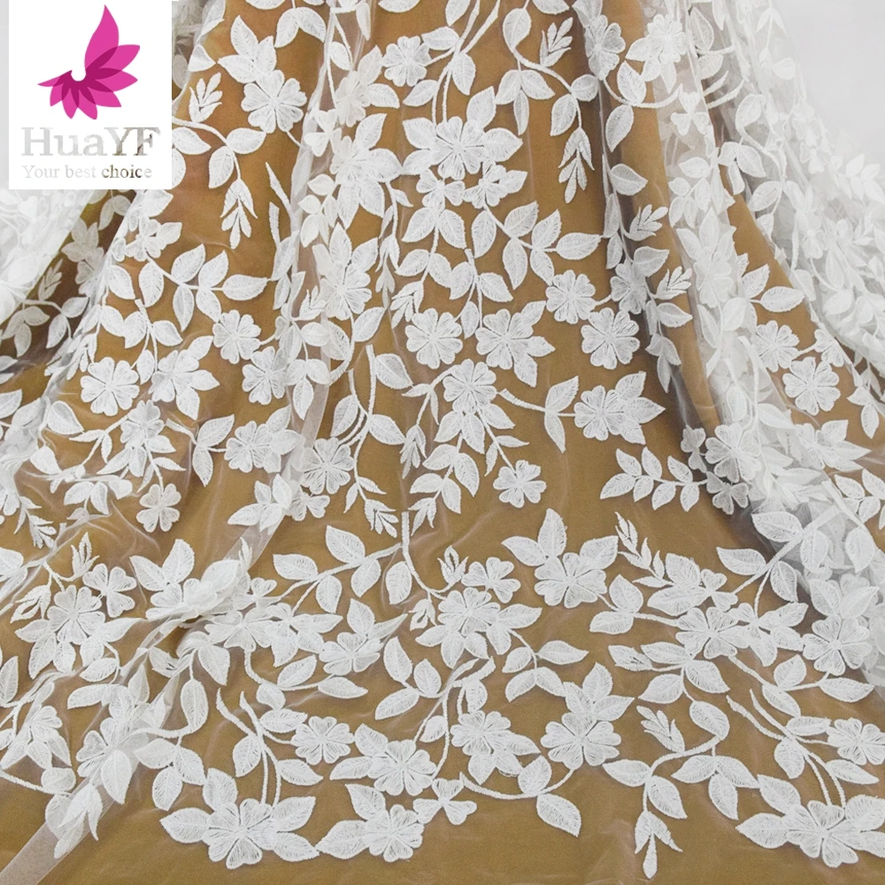 1 Yard Popular Design French White Leaf Embroidery Bridal Wedding Mesh Lace Dress Fabric HY1590-2