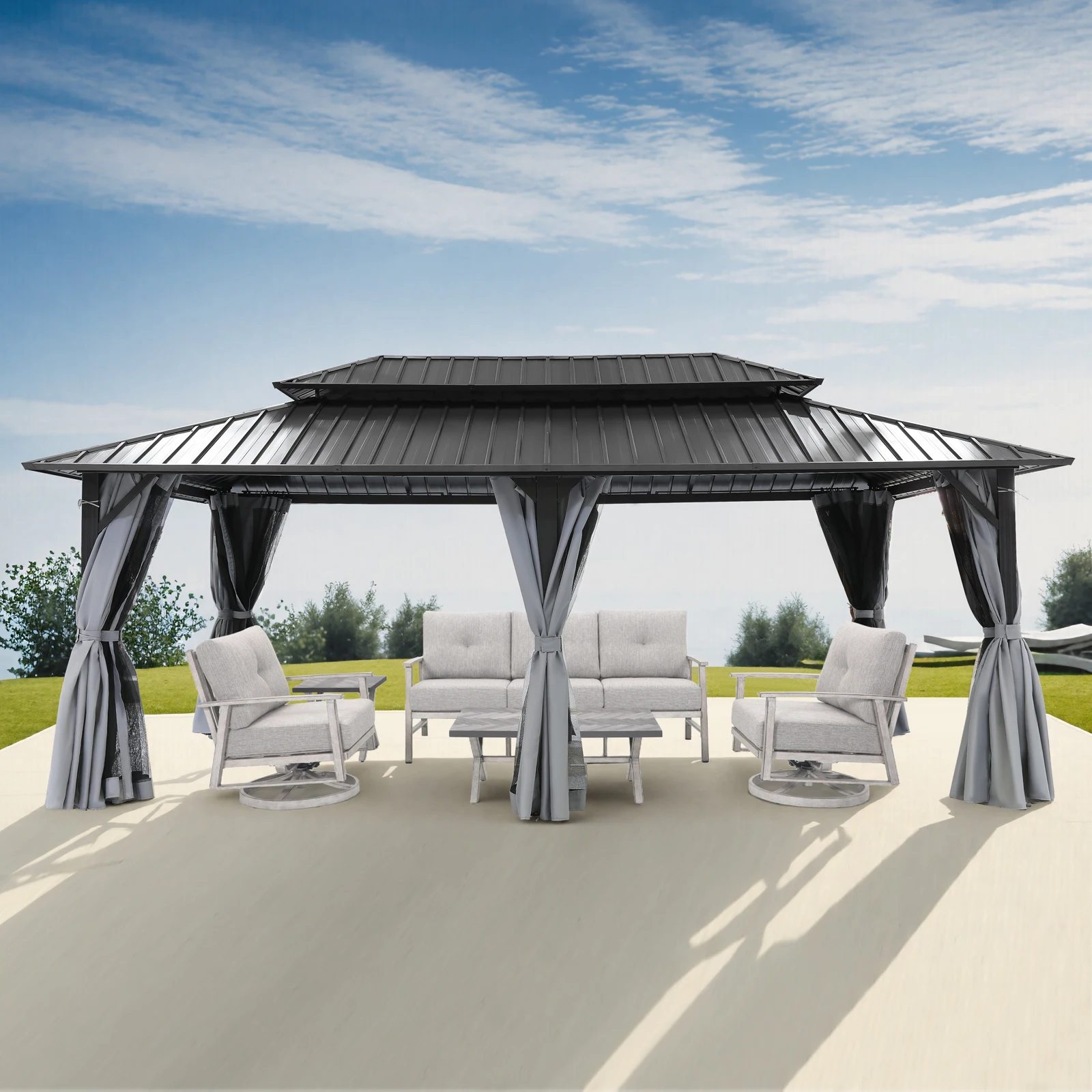 

SeeHill 12' x 20' Large Aluminum Hardtop Gazebo, Outdoor Patio Pergola with Double Steel Roofs, Netting and Side Curtains