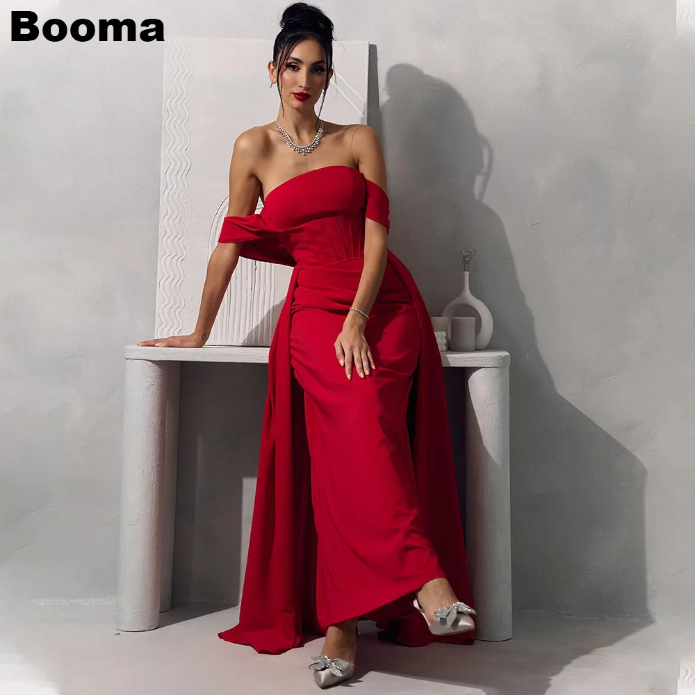 

Booma Red Mermaid Evening Dresses Off Shoulder Cape Formal Party Gowns for Women Sleeveless Long Prom Dress Customized