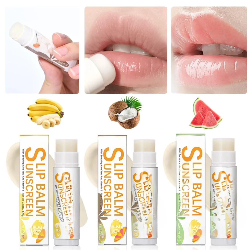 Baume à lèvres de Protection solaire SPF 30 UVA, 1 pièce, hydratant, pastèque, saveur de noix de coco et de banane, rouge à lèvres incolore, soins solaires