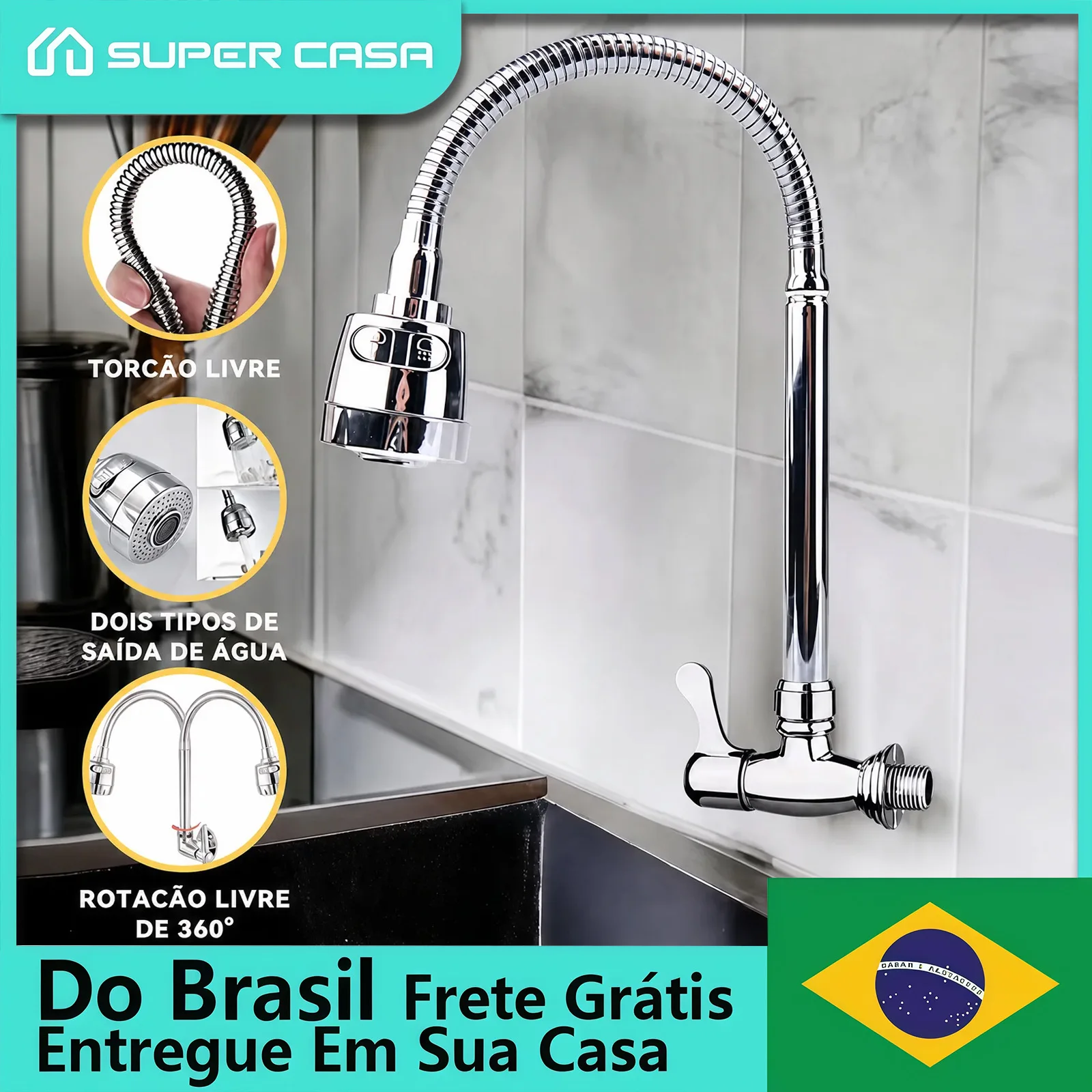 Torneira de Cozinha Contemporânea com Chuveiro Giratório, Parede em Aço Inoxidável, Envio em até 12h SP