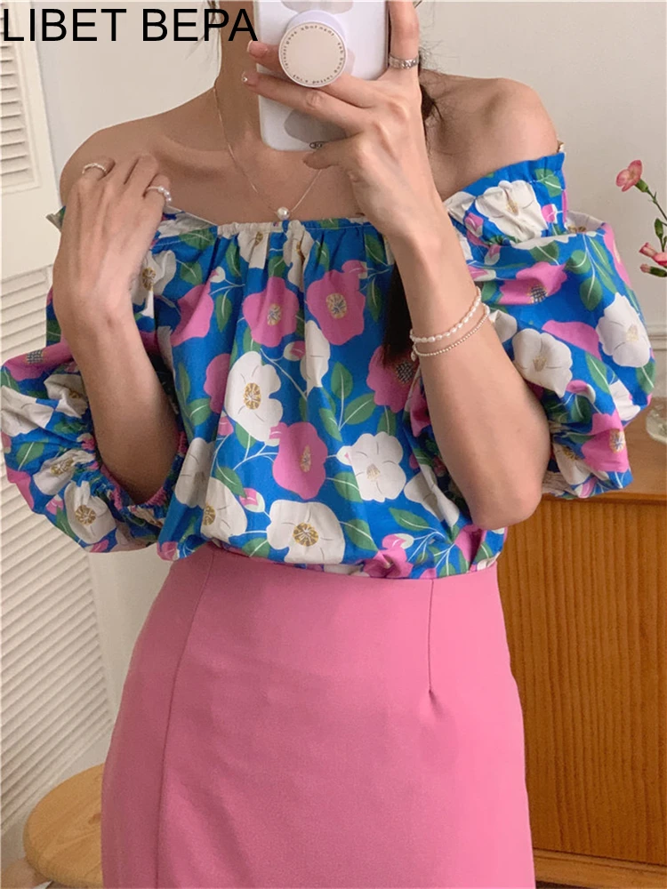 

New 2022 Print Shirts Korean Fashion Female Vintage Pull Sexy Floral Slash Neck Women Blouses Summer Elegant Lady Tops BL9659