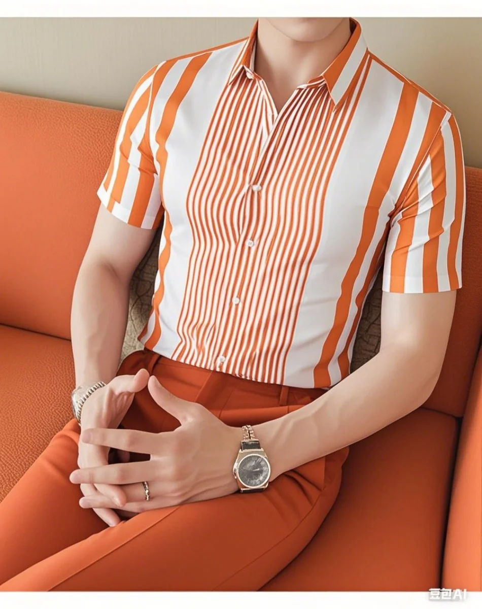 9 色ストライプメンズシャツカジュアル通気性大きいサイズメンズスポーツ快適な生地半袖シャツの襟