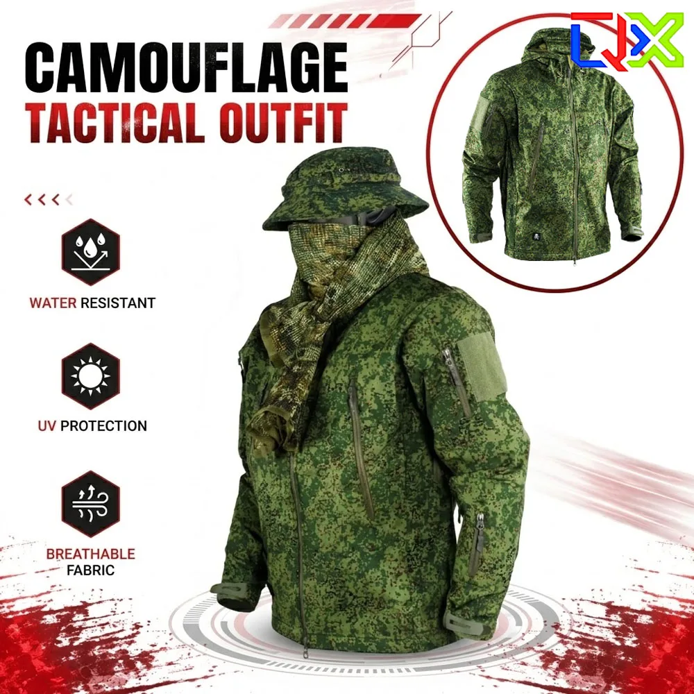 Conjunto de Chaqueta y Pantalones Tácticos QX EMR Digital Flora Camo, Impermeables, con Forro Polar Térmico, para Caza y Senderismo al Aire Libre para Hombre