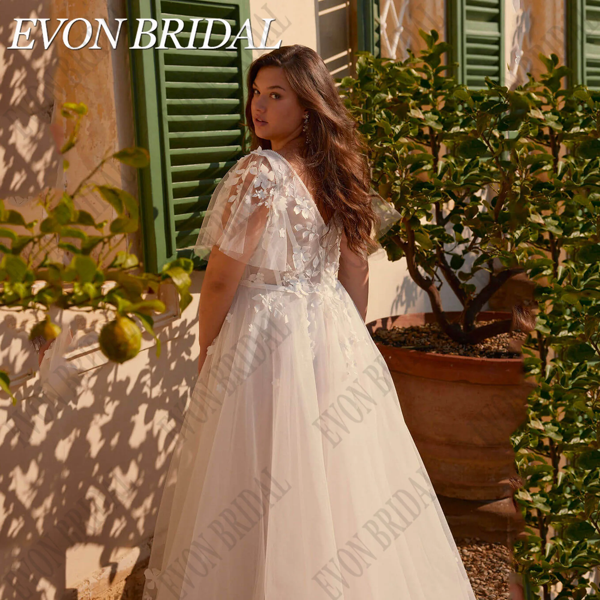 EVON BRIDAL Boho Wedding Dress Plus Size Side Split Applique A-Line vestido de novia civil corto Bride Gowns Detachable Sleeves