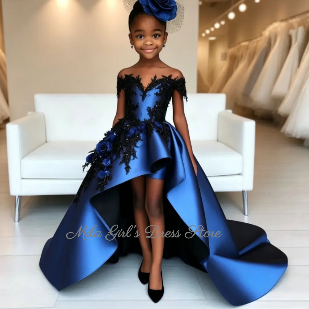 Black Lace Blue Satin Flower Girl Dresses For Wedding Party Girls Long Off Shoulder Pageant Gown First Communion Dress Custom