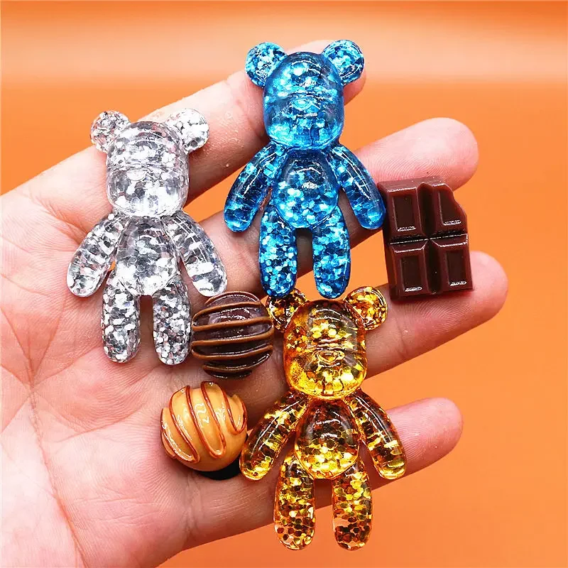 Breloques de chaussures en résine dure, accessoires de chaussures de dessin animé à paillettes, mignonnes chaussures ours en chocolat, boutons, sandales colorées, décorations de charme