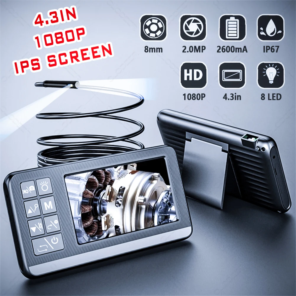 8mm 4.3in 1080P IP67 Single Dual Lens Endoscope For Cars Inspection Tools Automotive Endoscopy Boroscope Camera Device