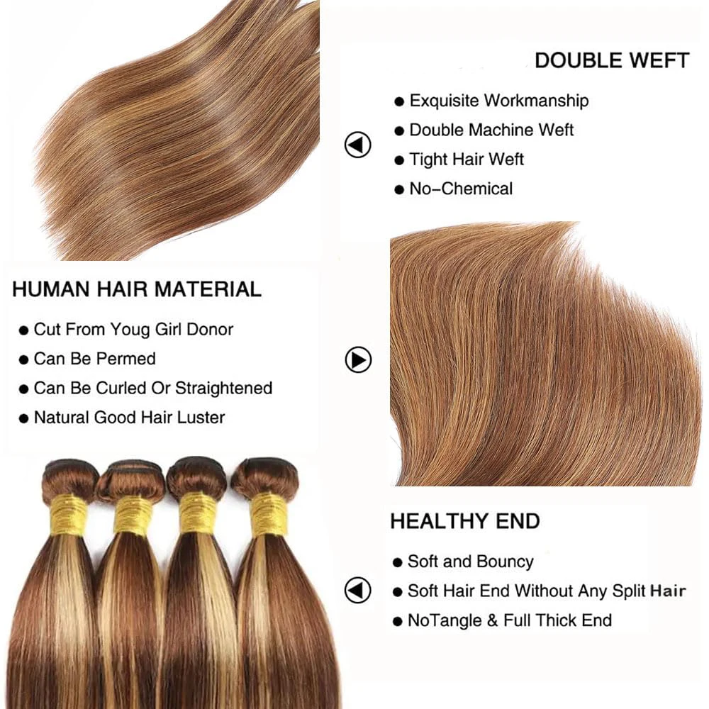 P4/27 Highlight Human Hair Bundles Straight Bundles Human Hair 22 24 26Inch Human Hair Straight Hair Bundle Ombre Brown Bundles