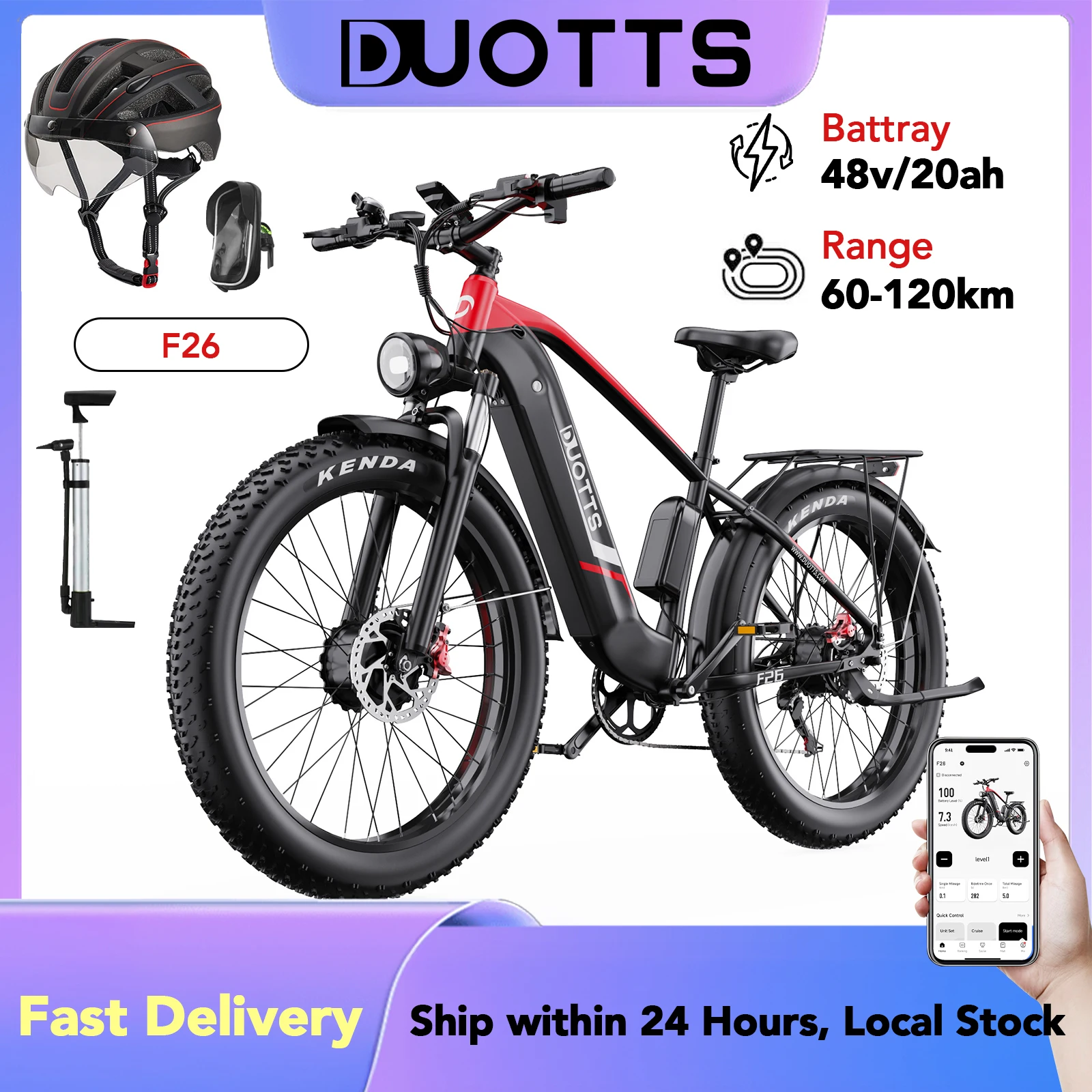 DUOTTS F26 Electric Bike 48V20Ah Battery 60-120KM 26‘’ Fat Tires All-Terrain City Mountain E-Bike with App and Free Gifts