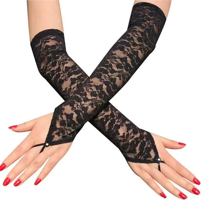 1 paire de gants ajourés brodés en dentelle pour femmes, Protection solaire, manches fines, accessoires Sexy pour boîte de nuit, gants de Cosplay blancs