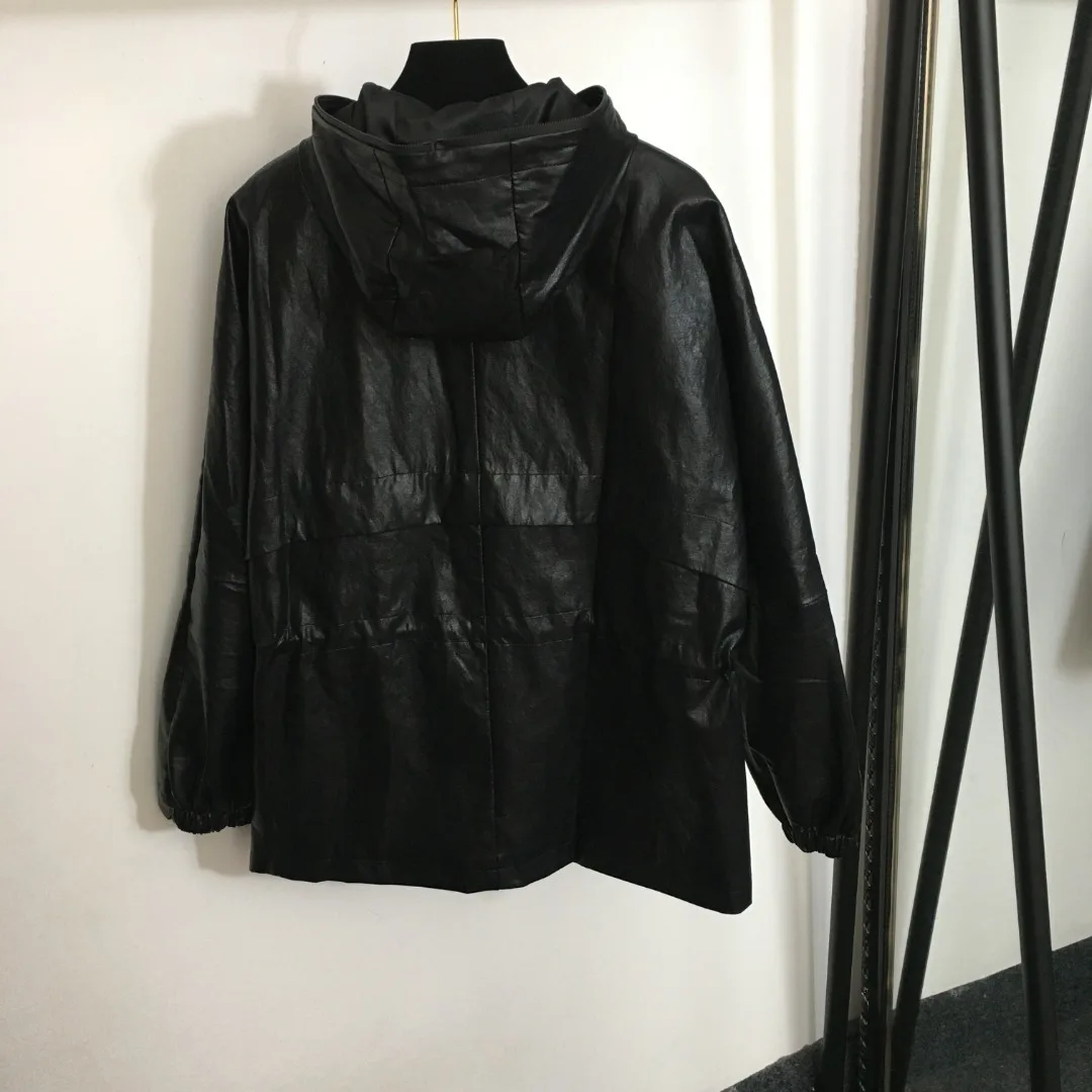 

High quality autumn and winter women's waist drawstring cinched waist long sleeved hooded PU leather jacket SU49