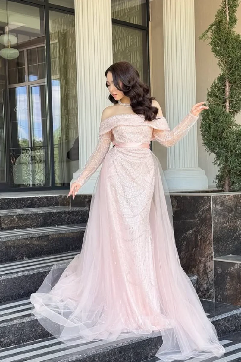 Jessica-vestidos de noche de manga larga con cuentas de tul, vestidos de fiesta de lujo de color rosa, vestidos de fiesta de boda de sirena personalizados